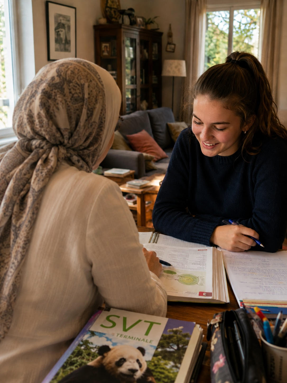 Mme Solmaz en séance de cours particuliers de SVT à domicile avec une élève de Terminale